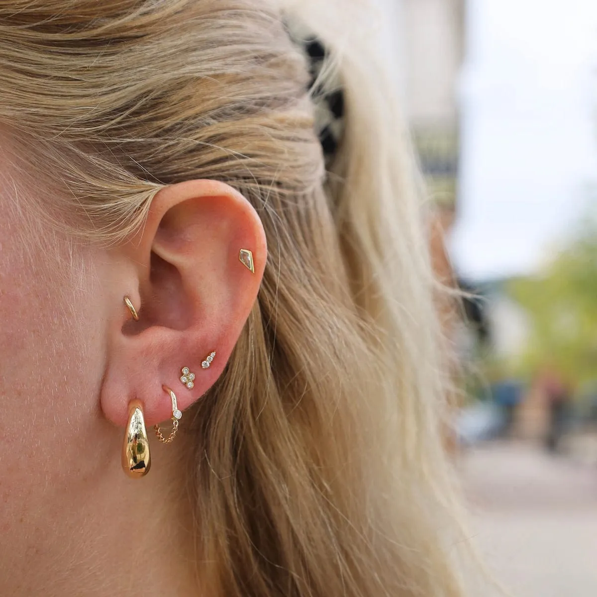 14k Diamond Bezel Mixed Wire & Chain Huggie Hoops