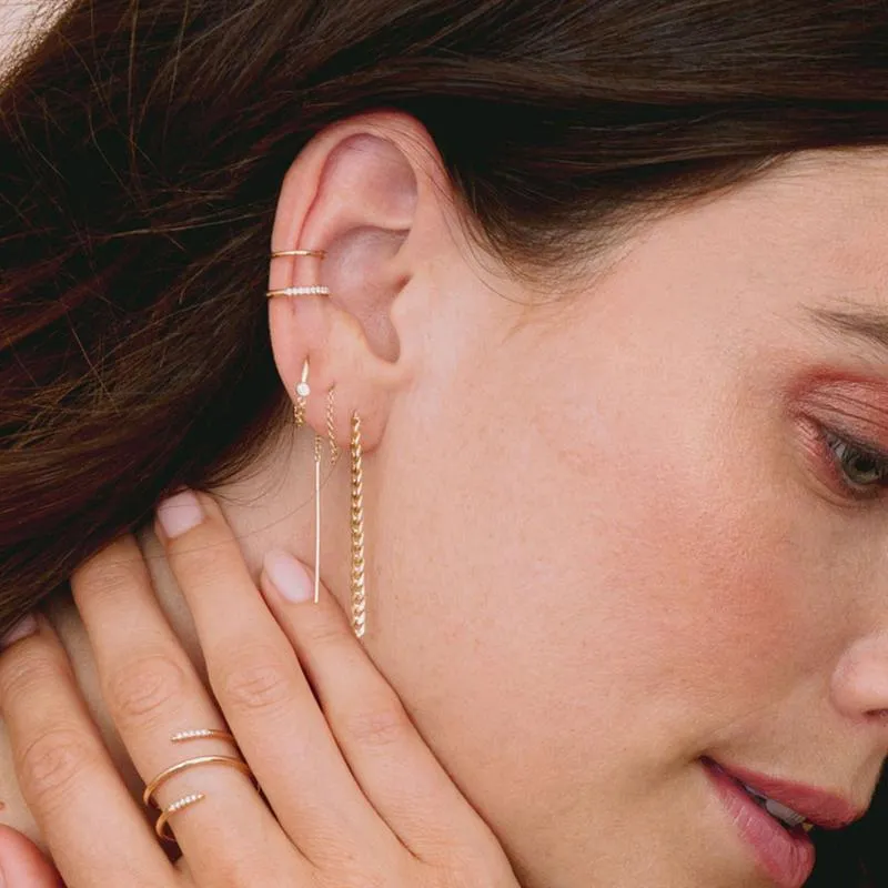 14k Diamond Bezel Mixed Wire & Chain Huggie Hoops