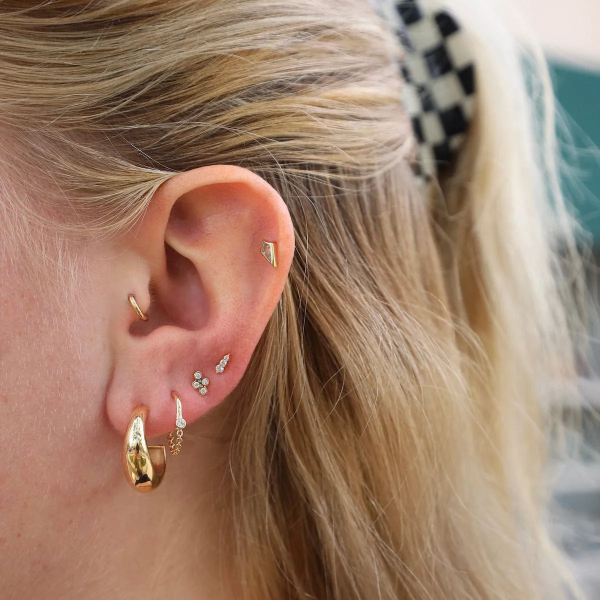 14k Diamond Bezel Mixed Wire & Chain Huggie Hoops