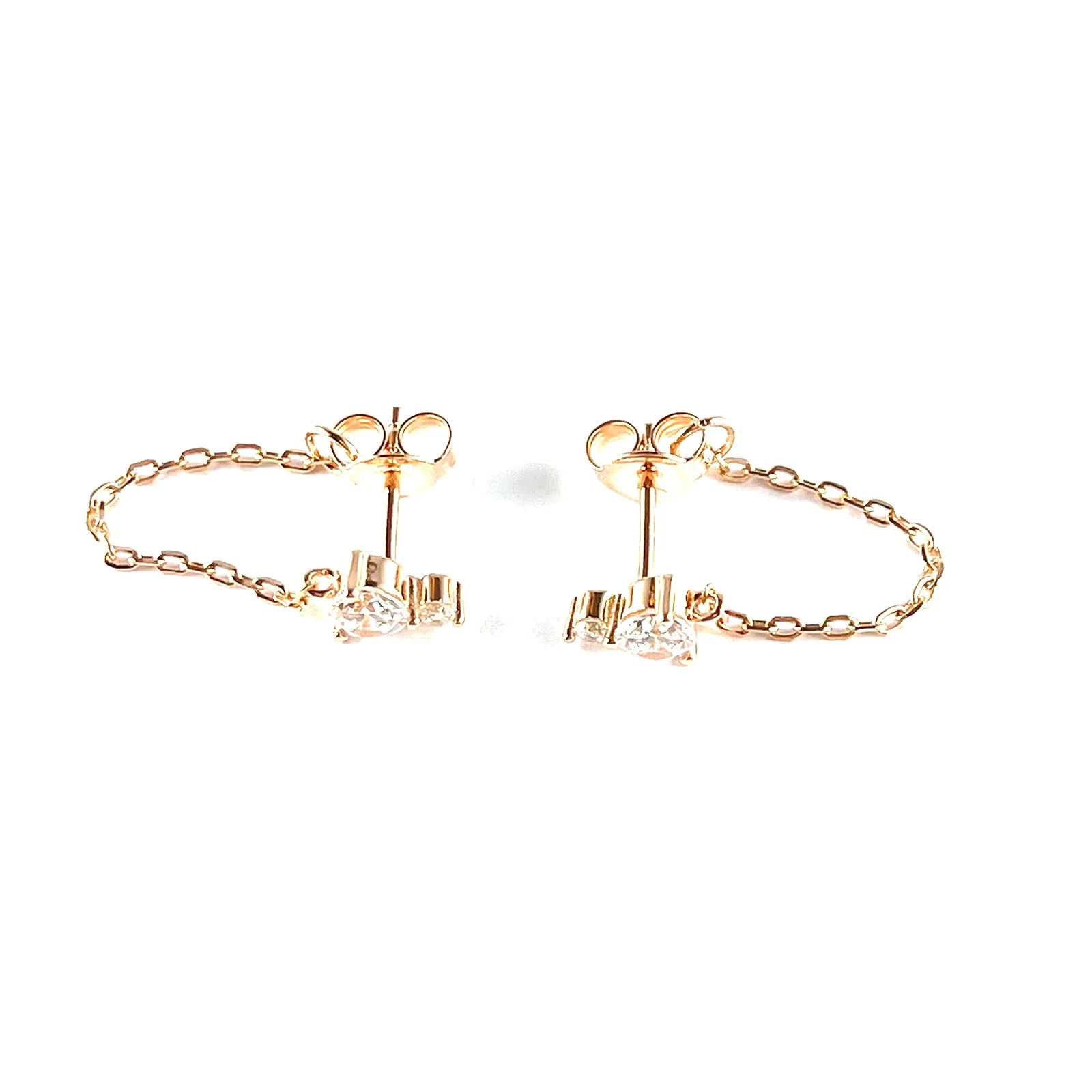Big & small stone & chain silver earring with pink gold plating