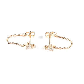 Big & small stone & chain silver earring with pink gold plating