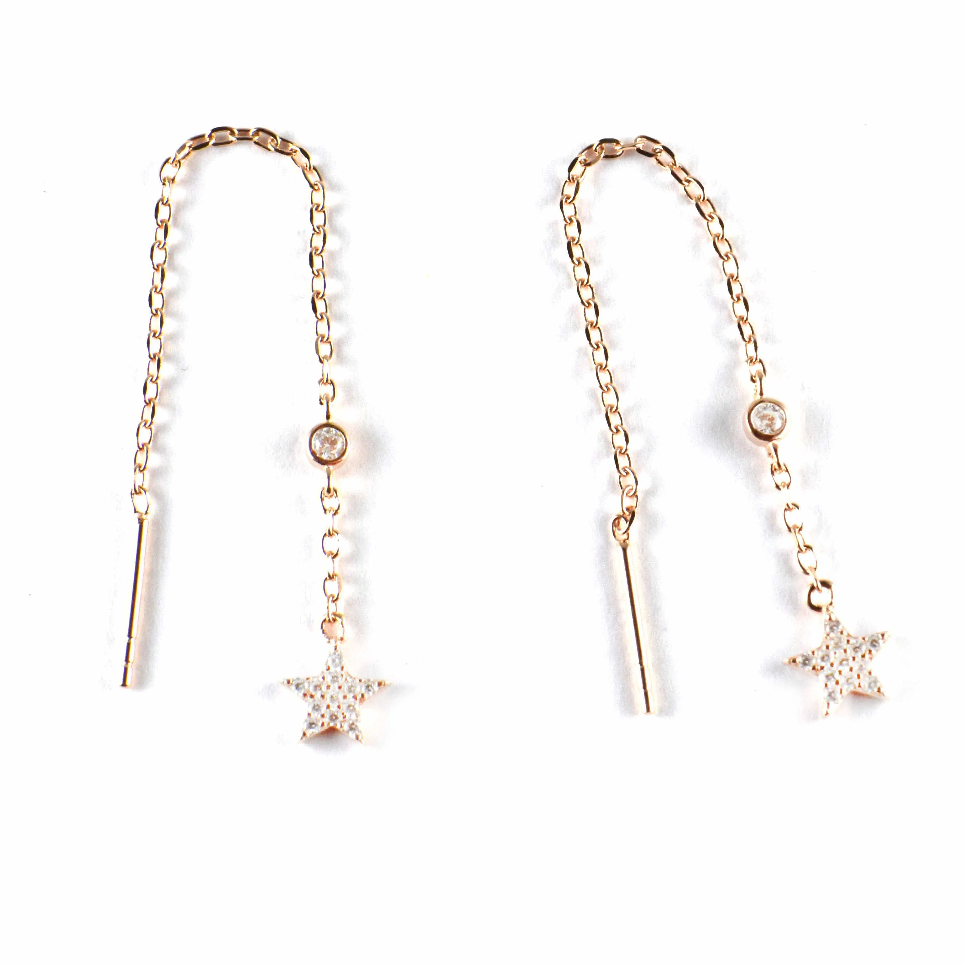 Chain silver earring with star & pink gold plating