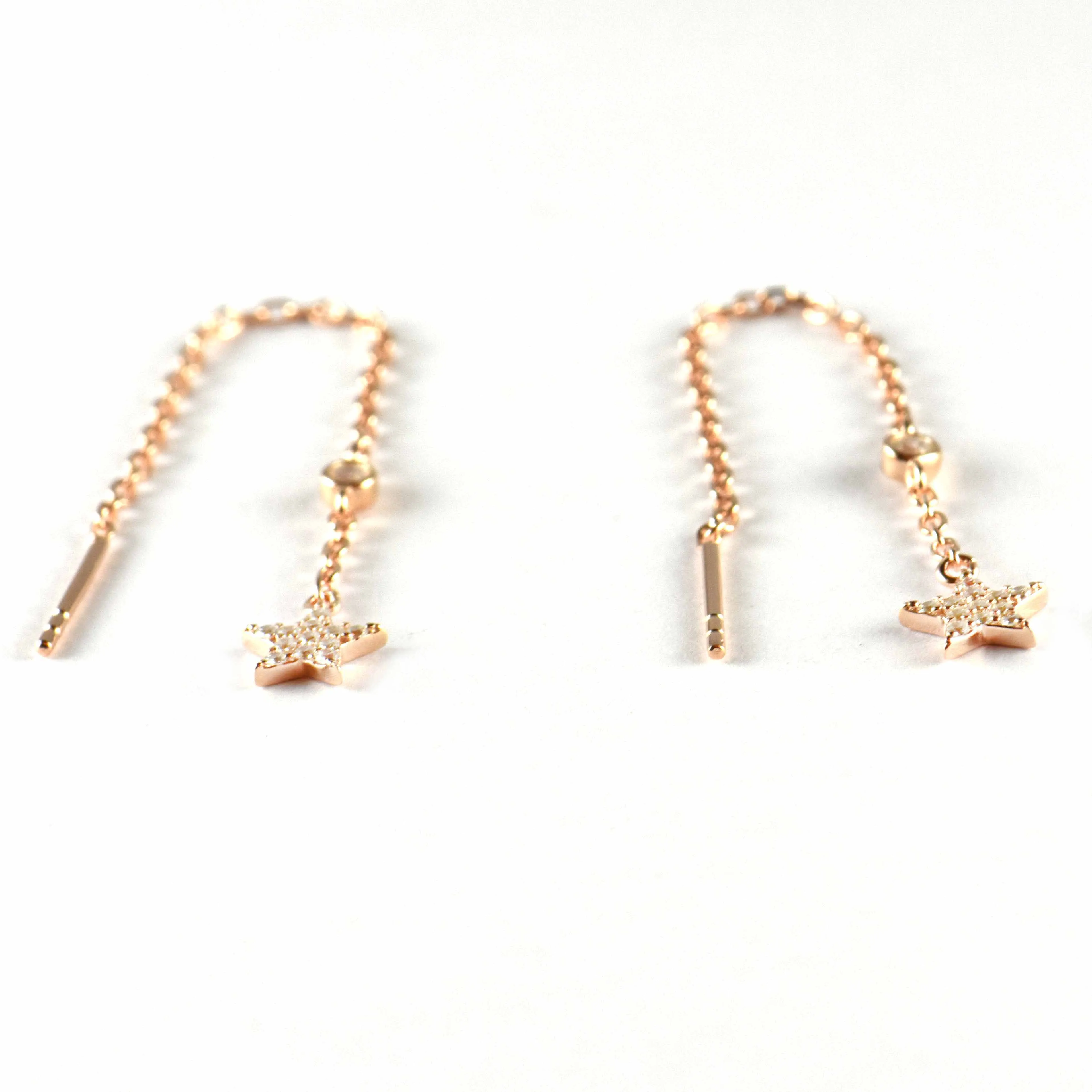 Chain silver earring with star & pink gold plating