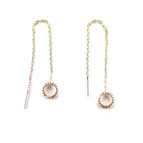 Circle & chain silver earring with CZ & pink gold plating