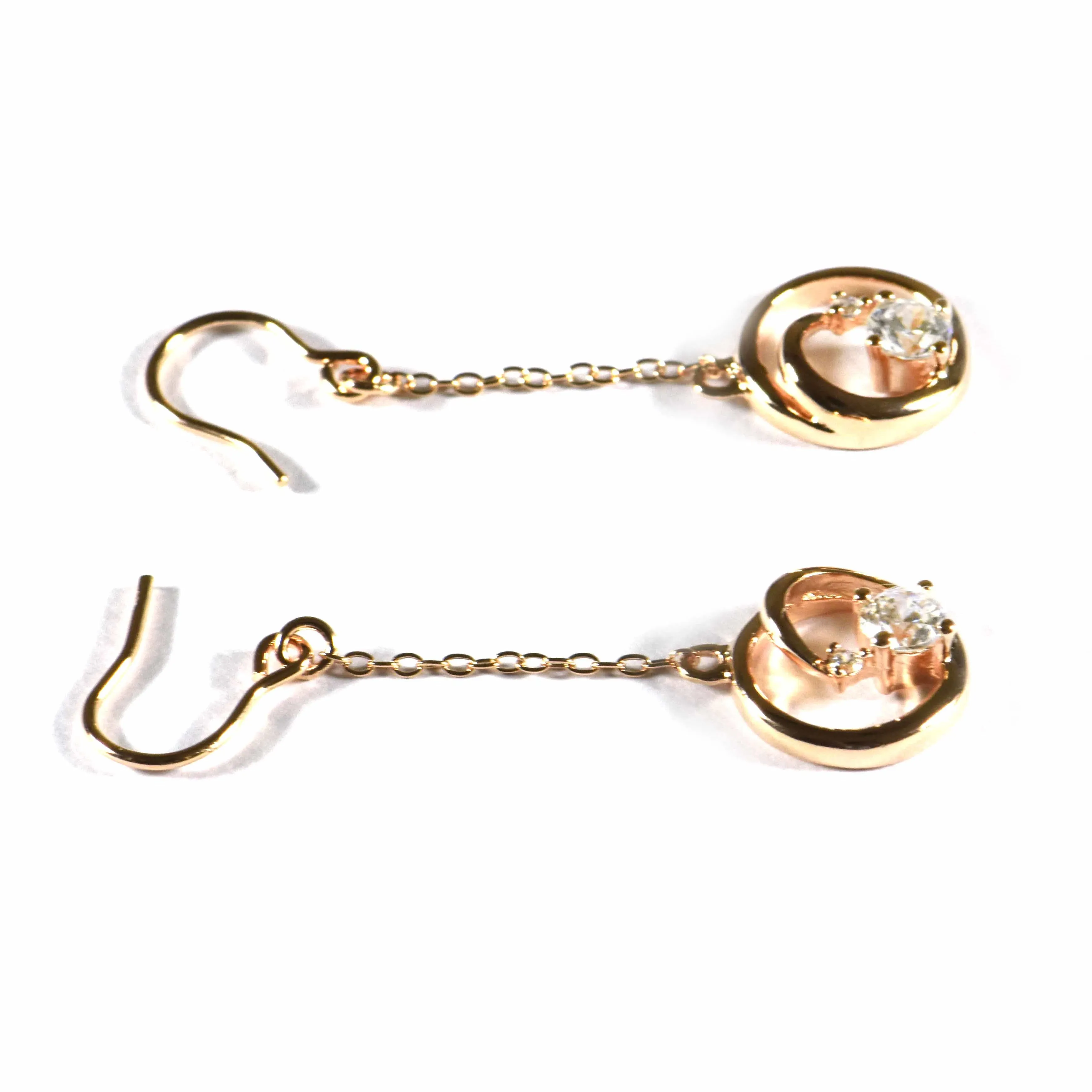 Heart & chain silver earring with CZ & pink gold plating